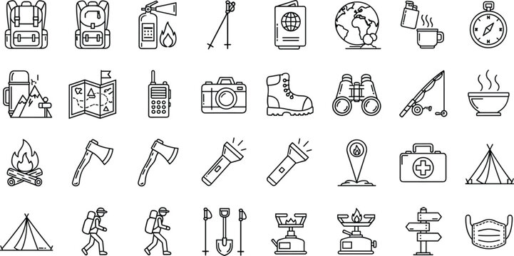 Hiking camping and outdoor adventure line icons set with backpack compass tent map campfire binoculars boots camera flashlight first aid kit vector