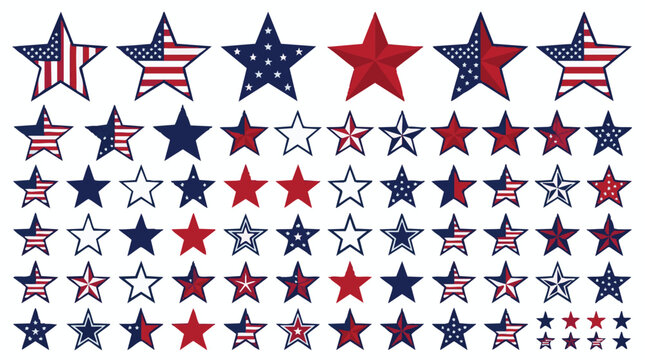 Large set of decorative star icons featuring United States flag elements and patriotic red white and blue colors
