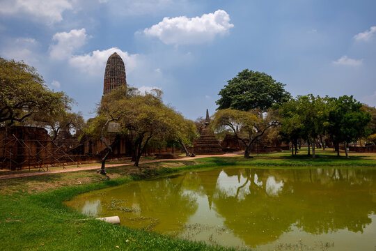 Ancient brick ruins of Wat Mahathat temple in Ayutthaya Historical Park Thailand