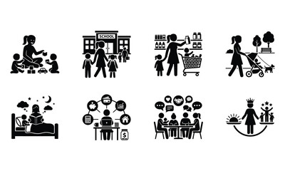 Obraz premium Black and white illustrations of people in various everyday life scenes