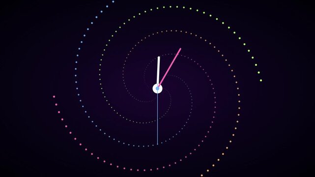 Minimalist clock face with colorful spiral dot background, abstract time concept animation dots