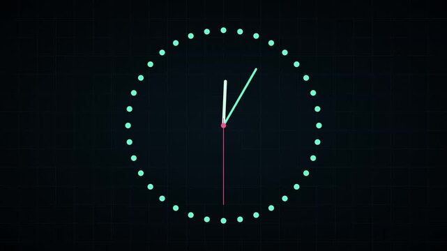 Minimalist digital clock animation with moving hands on dark grid background, time
