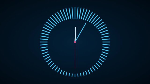 Minimalist digital clock animation with rotating hands on dark background, time timer countdown watch