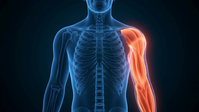 Medical animation of human arm muscles highlighted on skeleton
