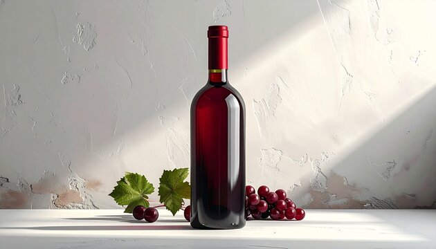 bottiglia di vino rosso senza etichetta e con un grappolo d'uva, in ambiente interno bianco minimalista, con effetti di luci ed ombre geometriche sullo sfondo