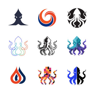 Collection of creative squid and octopus logo designs in various artistic styles.