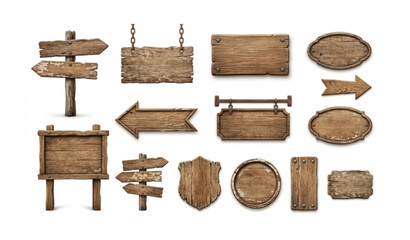 Wooden Sign Icons Set with Vintage Signposts and Directional Plank Boards Realistic 3D Collection © Sagor