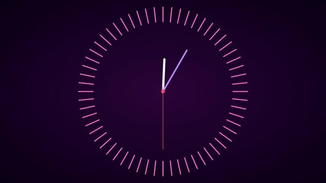 Minimalist neon clock animation with rotating hands on dark background, time timer countdown, watch