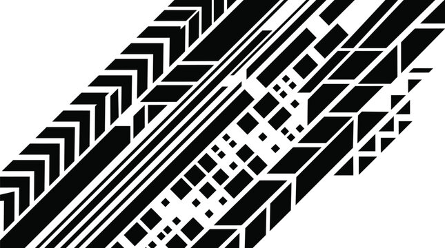 Abstract geometric vector illustration featuring a dynamic composition of bold black diagonal stripes and repeating square shapes creating a modern high contrast artistic pattern for professional 