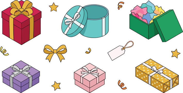 Isometric Gift Boxes Birthday Present Wrapped Packages and Ribbon Bow Vector Clipart Set