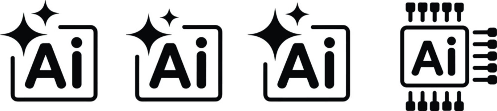 Artificial intelligence vector icon set featuring black AI text symbols with sparkles and microchip isolated on white backgroundArtificial intelligence vector icon set featuring black AI text symbols 