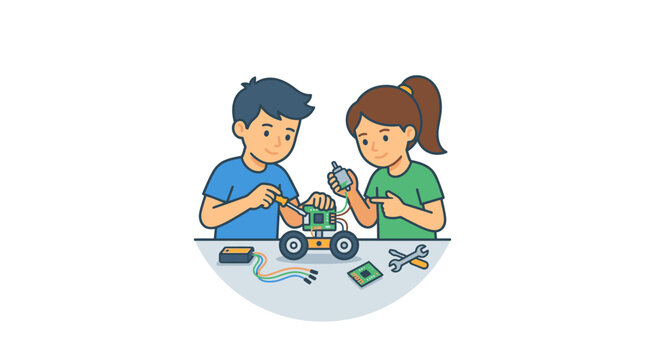 Children building a toy robot car together.