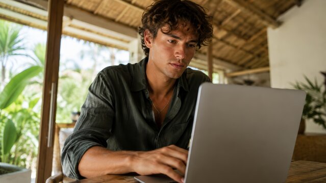 Focused man working on laptop in tropical home office with natural light and plants.