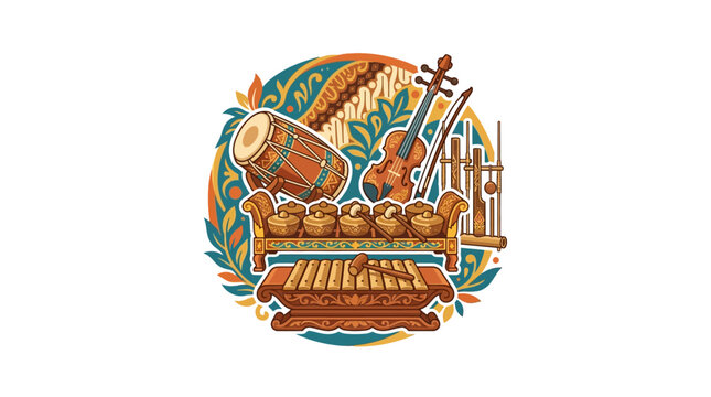 Circular arrangement of Indonesian Gamelan and folk instruments
