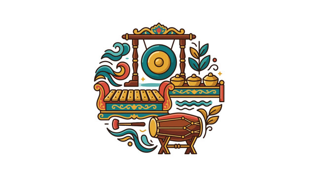 Circular arrangement of traditional Indonesian gamelan musical instruments.
