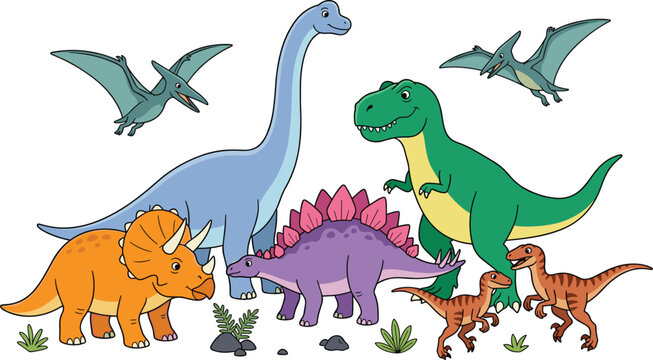 Cute Dinosaur Collection Vector Illustration Featuring Tyrannosaurus Triceratops Stegosaurus Brachiosaurus Velociraptors and Flying Pterosaurs Cartoon Set