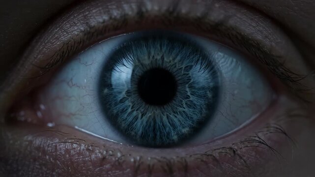 Macro view of a blue human eye with pupil dilation in dark room