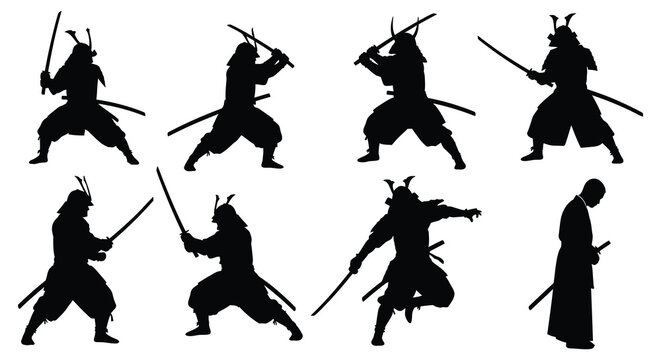 Samurai Warrior Silhouettes On White Background Japanese Martial Arts
