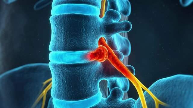 Pinched Spinal Nerve Between Lumbar Vertebrae in Blue X-Ray Hologram Animation