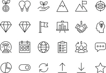 Fototapeta premium Business Growth and Startup Strategy Outline Icon Set — Investment, Target and Profit Symbols