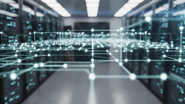 Futuristic data center with network connections.