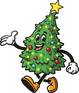 Christmas tree cartoon mascot walking