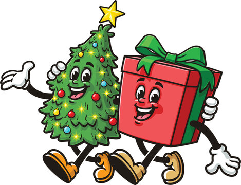 Cartoon mascot of Christmas tree and gift box walking together