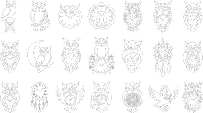Owls and clocks illustrations  various owl designs with clock faces and dreamcatchers  line art style  white background