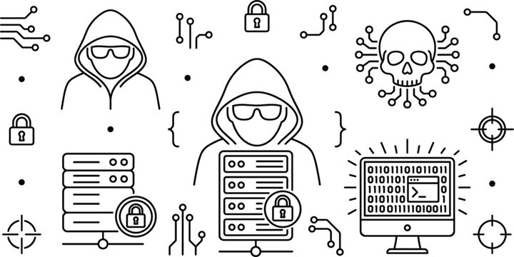 Cyber Hacker Icon Set with Security Breaches and Data Theft Elements for Websites,