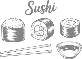 Hand-drawn sushi rolls, chopsticks, and soy sauce bowl © Milon