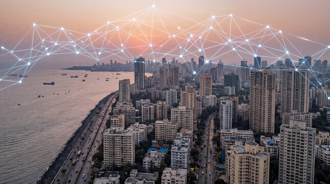 Aerial View of Mumbai Coastal City Skyline and Arabian Sea at Sunset with White Digital Polygon Network Overlay