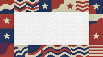 Fototapeta premium Modern abstract geometric patriotic frame template with red blue white waves, stars, and blank copy space.