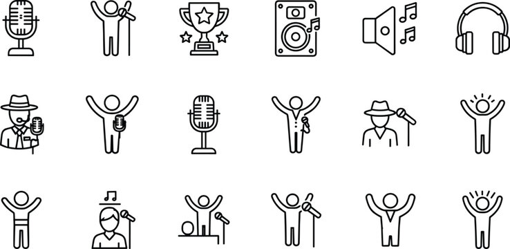 Music entertainment line icons set with singers performance microphone headphones speaker trophy award karaoke musical note concert audience stage show broadcasting vector design
