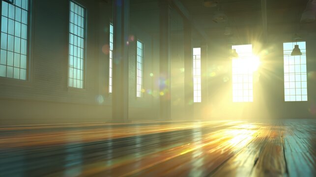 Sunlit Dance Studio: Golden sunbeams stream through large windows, illuminating the polished wooden floor of an empty dance studio.