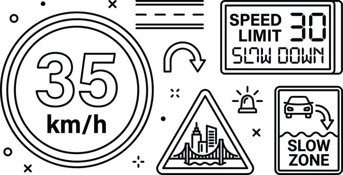 Speed Limit Road Sign Traffic Regulation and Slow Down Safety Zone Outline Icon Set Vector
