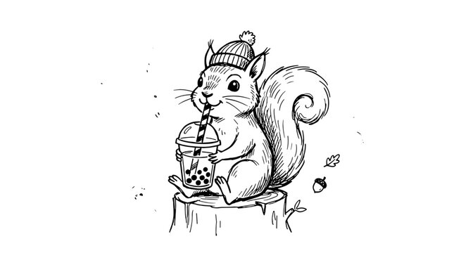 Cute squirrel wearing a winter hat and drinking from a glass with a straw on a tree branch