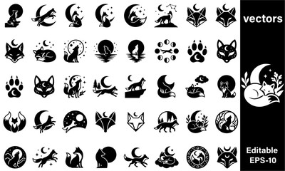 Fototapeta premium Black and white illustrations of foxes and moons and stars and clouds and trees and pawprints on transparent background