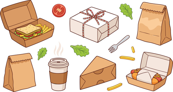 Takeaway Fast Food Packaging Box Paper Bag Coffee Cup and Sandwich Vector Clipart Set