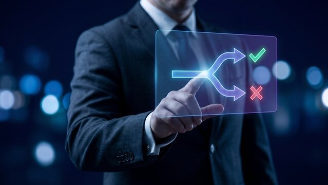 Businessman in Dark Suit Touching Futuristic Holographic Panel with Split Arrow Path Green Checkmark and Red Cross on Dark Blue Bokeh Background