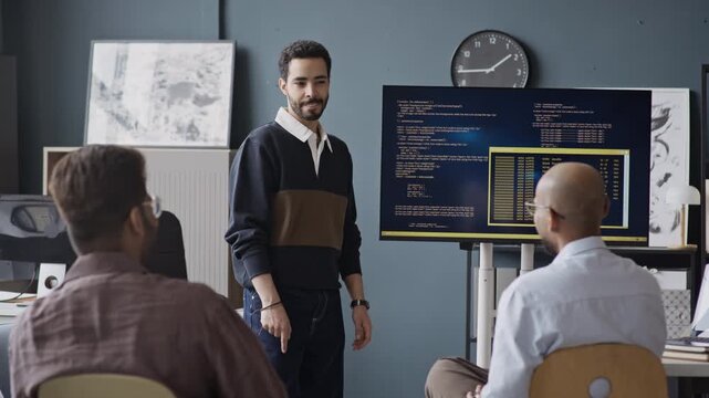 Medium long shot of young Middle Eastern male developer presenting code on screen to diverse colleagues in IT office. Suitable for software engineering, tech startup, and team collaboration marketing