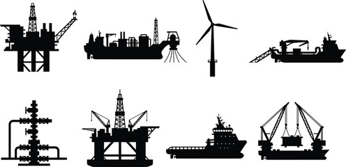 Obraz premium Offshore Energy and Marine Industry Silhouette Icons Collection for Engineering