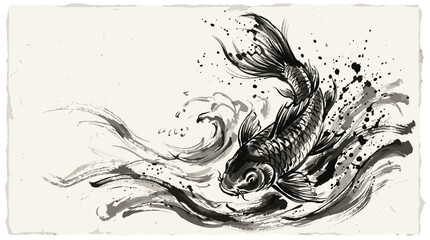 Fototapeta premium Elegant black and white koi fish swimming gracefully in traditional ink wash painting style