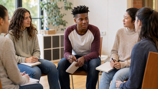 Young adults in peer support circle promoting youth wellbeing