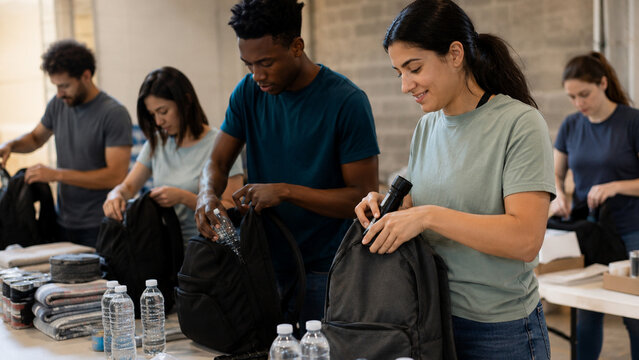 Young volunteers assembling emergency preparedness kits for community resilience