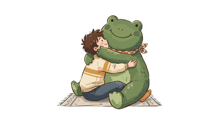 Obraz premium Child hugging a large friendly cartoon frog character sitting on the ground