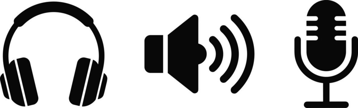 Audio equipment icon set featuring black minimalist headphones speaker with soundwaves and vintage microphone vector illustrations