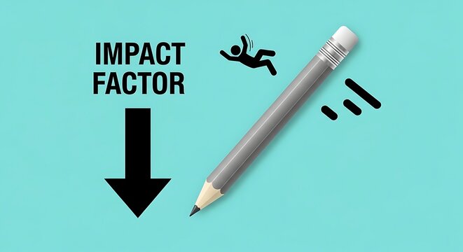 Impact Factor academic metric concept, falling pencil and human figure on turquoise background, scientific journal ranking and research influence metaphor