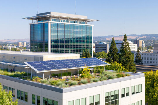 Modern office building with rooftop solar panels and green roof promoting sustainable urban architecture