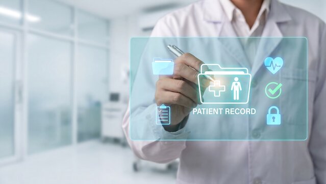 Doctor in White Coat Accessing Digital Patient Record Holographic Interface with Medical Icons Including Heartbeat Checkmark and Security Lock in Hospital