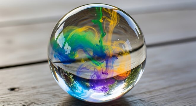 Colorful abstract swirls in a glass orb container.